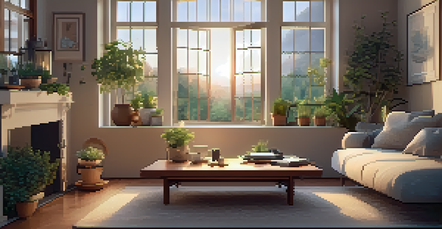A cozy indoor space with cushions, warm lighting, and calming artwork, featuring a cup of herbal tea on a table.