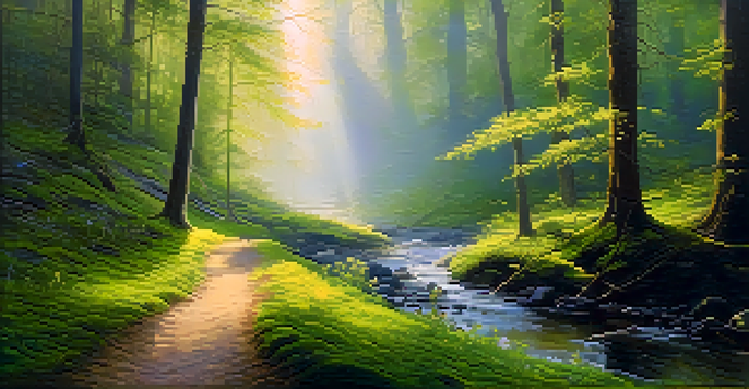 A tranquil forest at dawn, with sunlight filtering through the trees and a mossy path lined with wildflowers.