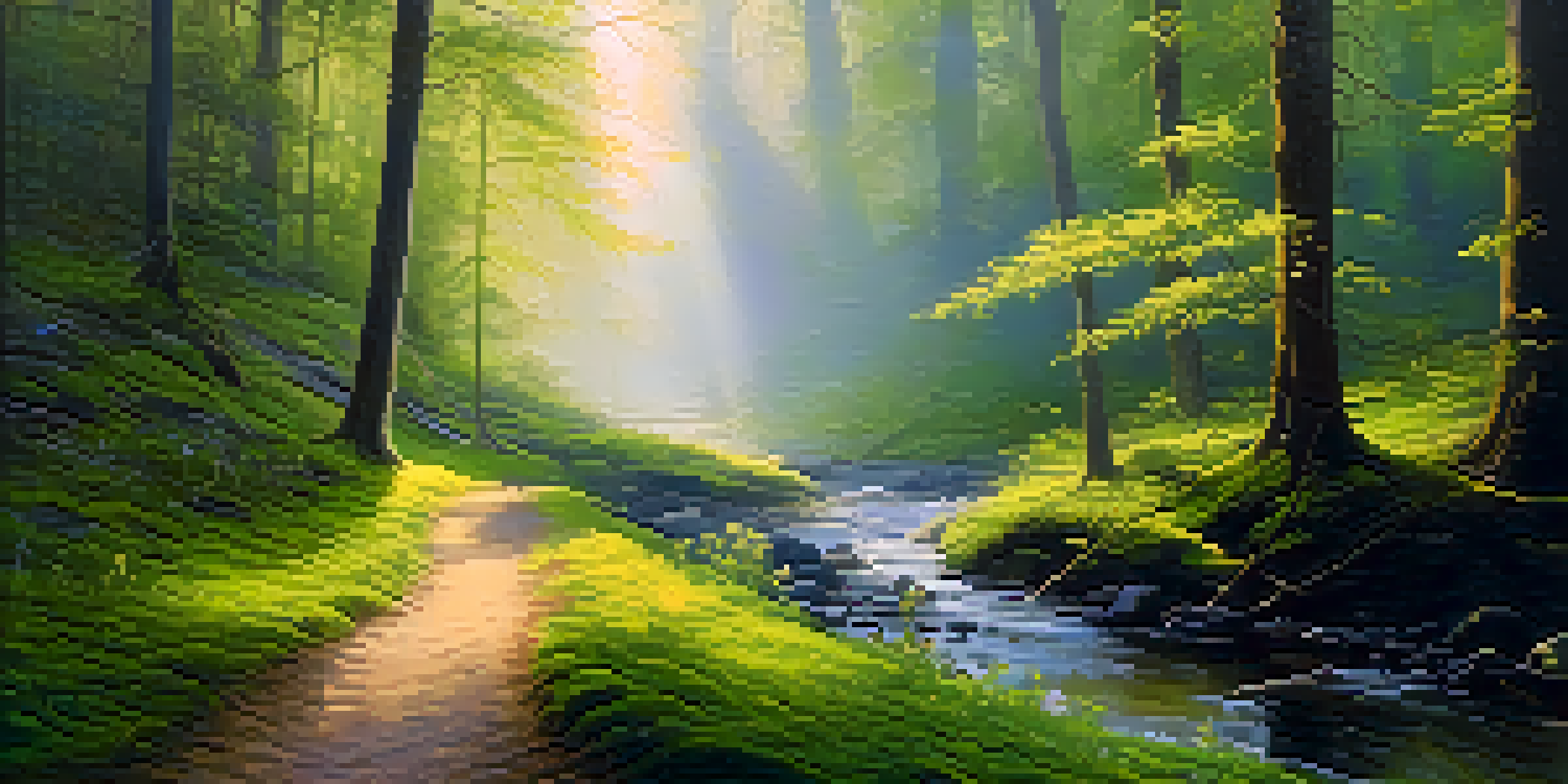 A tranquil forest at dawn, with sunlight filtering through the trees and a mossy path lined with wildflowers.