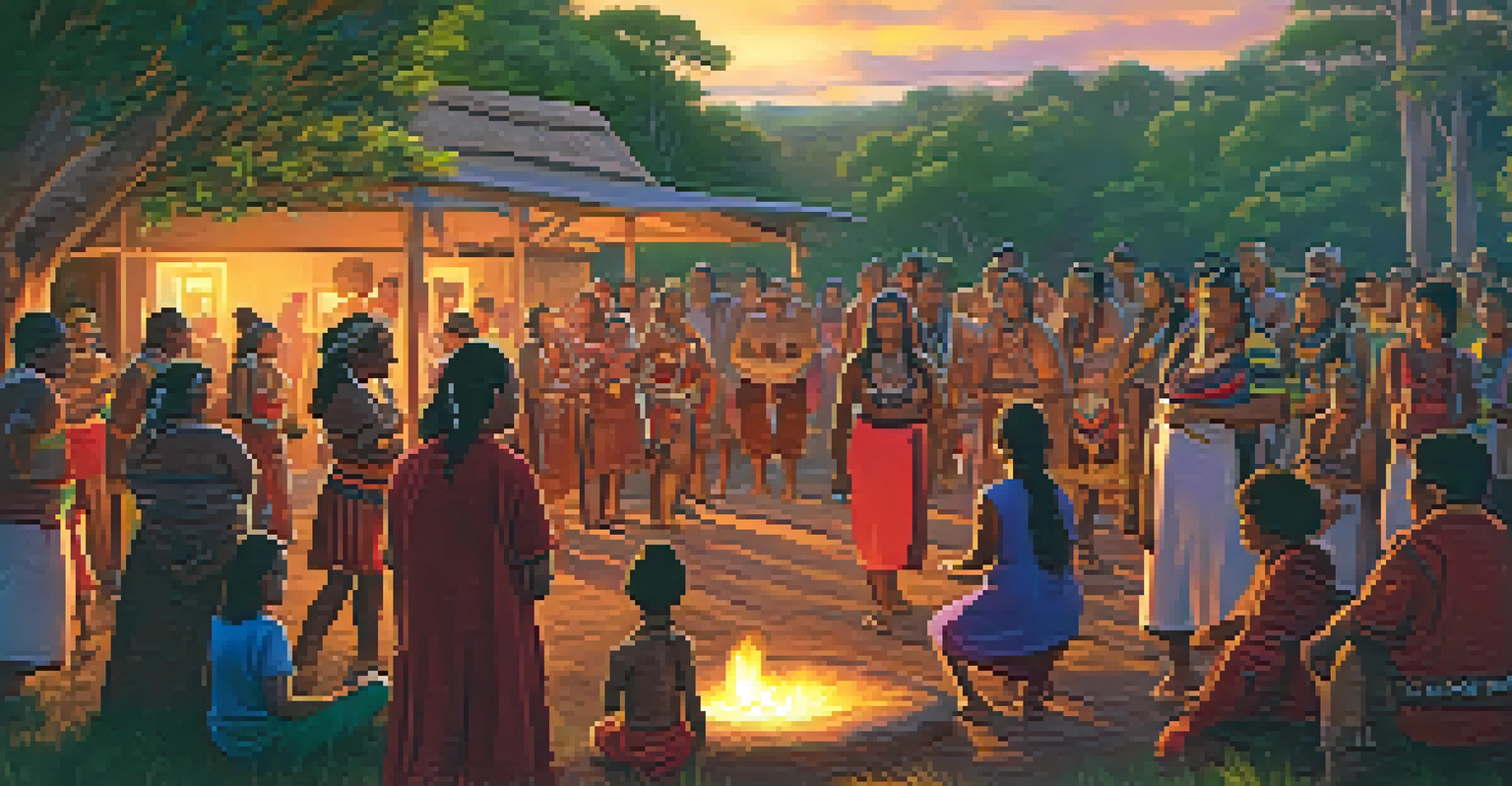 An Aboriginal community gathering with people in traditional attire participating in storytelling and dance.