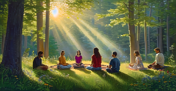 A diverse group of individuals meditating in a forest clearing at dawn, surrounded by trees and wildflowers.