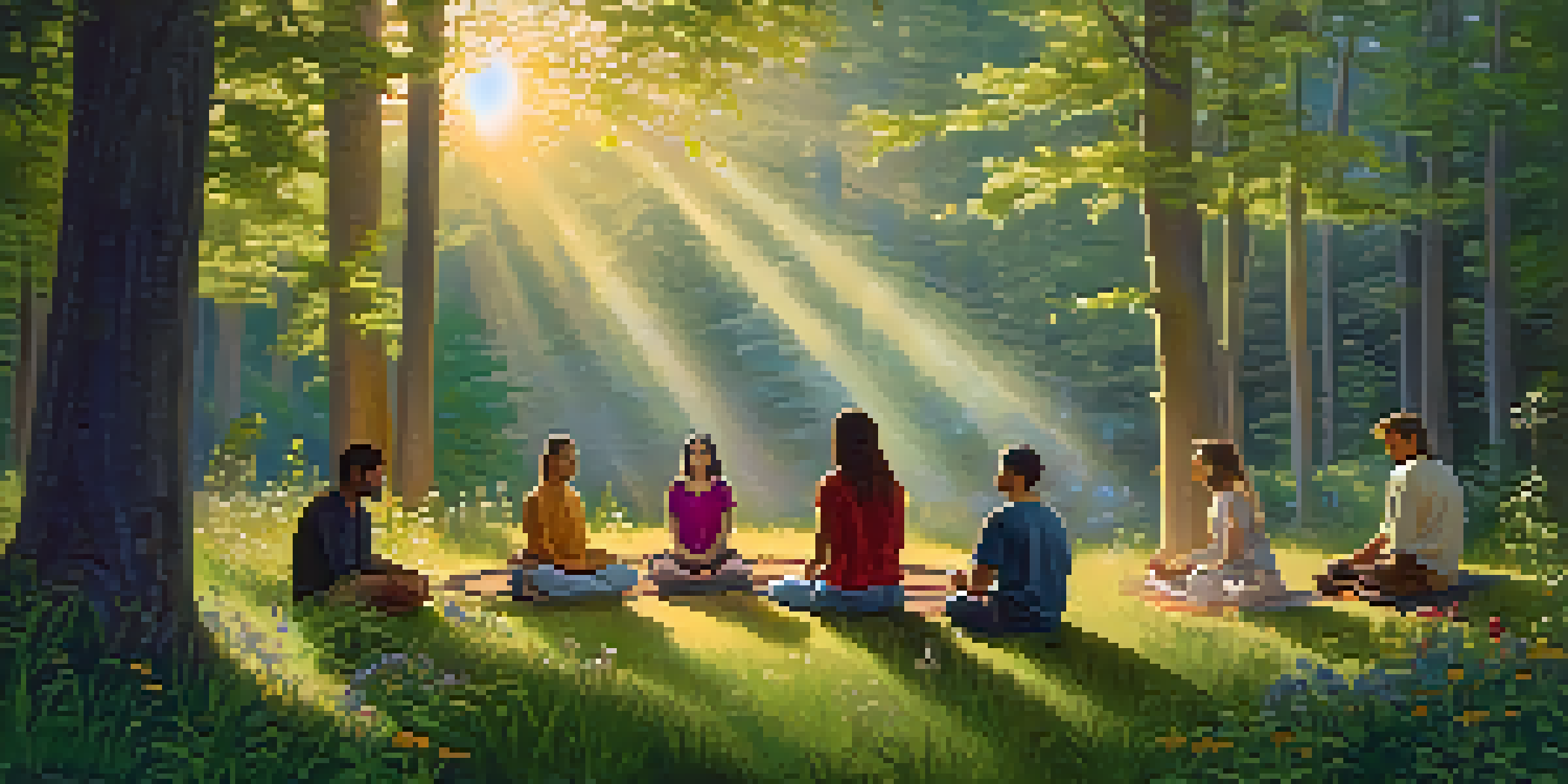 A diverse group of individuals meditating in a forest clearing at dawn, surrounded by trees and wildflowers.
