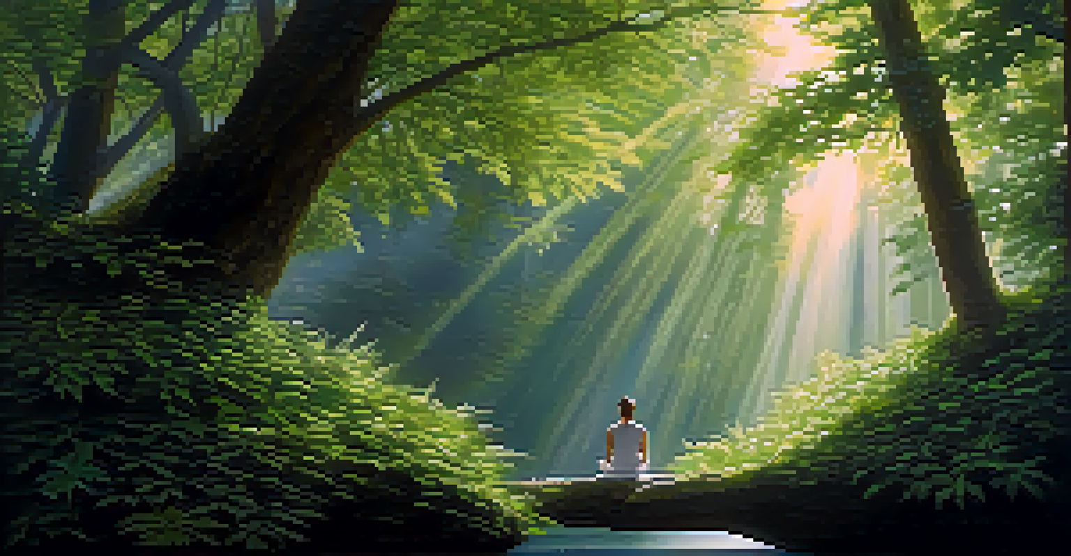A person meditating in a peaceful forest, surrounded by soft light and floating leaves, promoting a sense of tranquility and introspection.