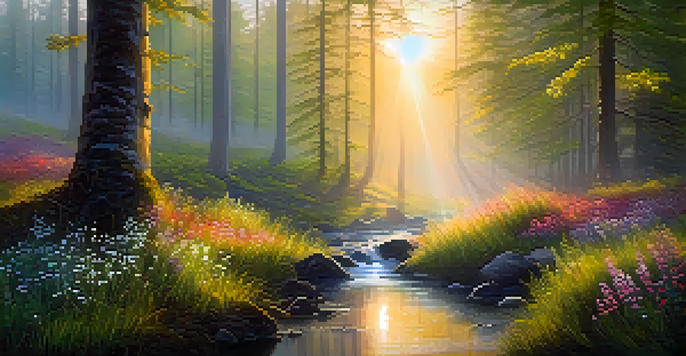 A tranquil forest at dawn with mist, sunlight filtering through trees, and a stream reflecting the sunrise.
