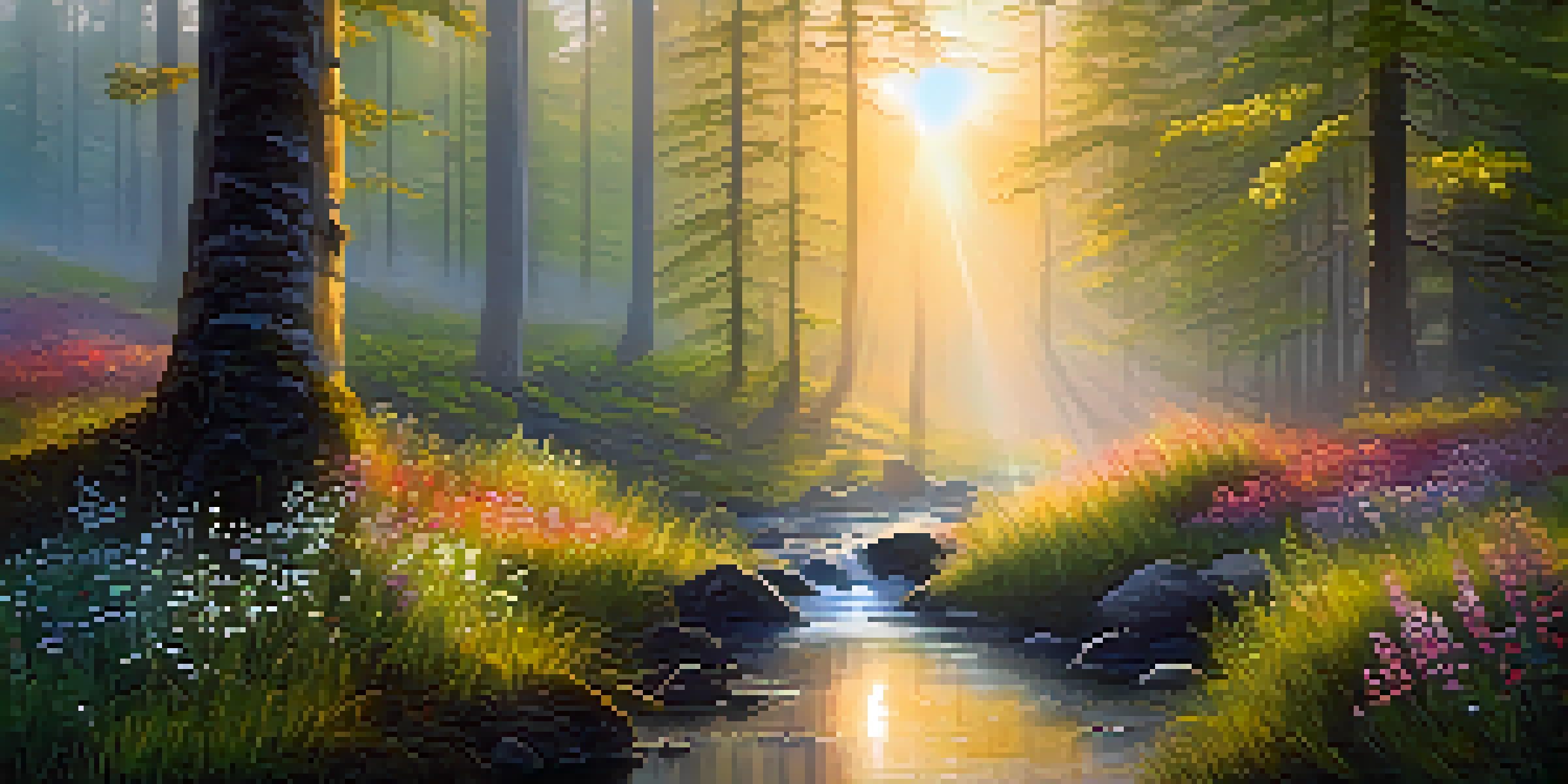 A tranquil forest at dawn with mist, sunlight filtering through trees, and a stream reflecting the sunrise.
