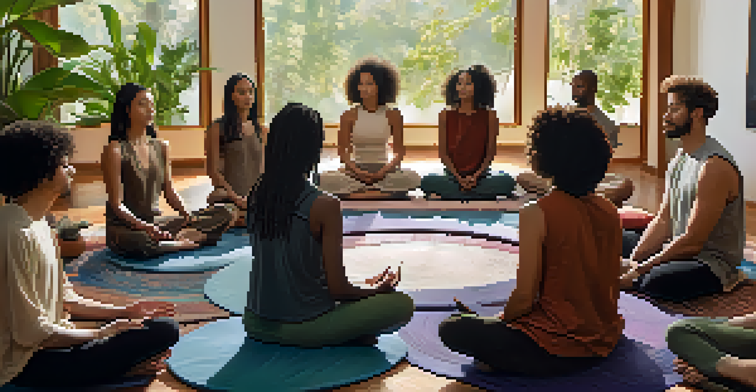 A diverse group of people meditating in a tranquil indoor space, emphasizing unity and self-discovery.