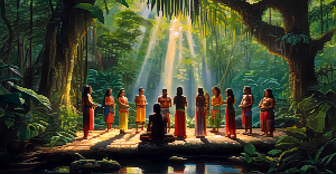 Indigenous people in traditional attire participating in an ayahuasca ceremony in a lush Amazon rainforest.