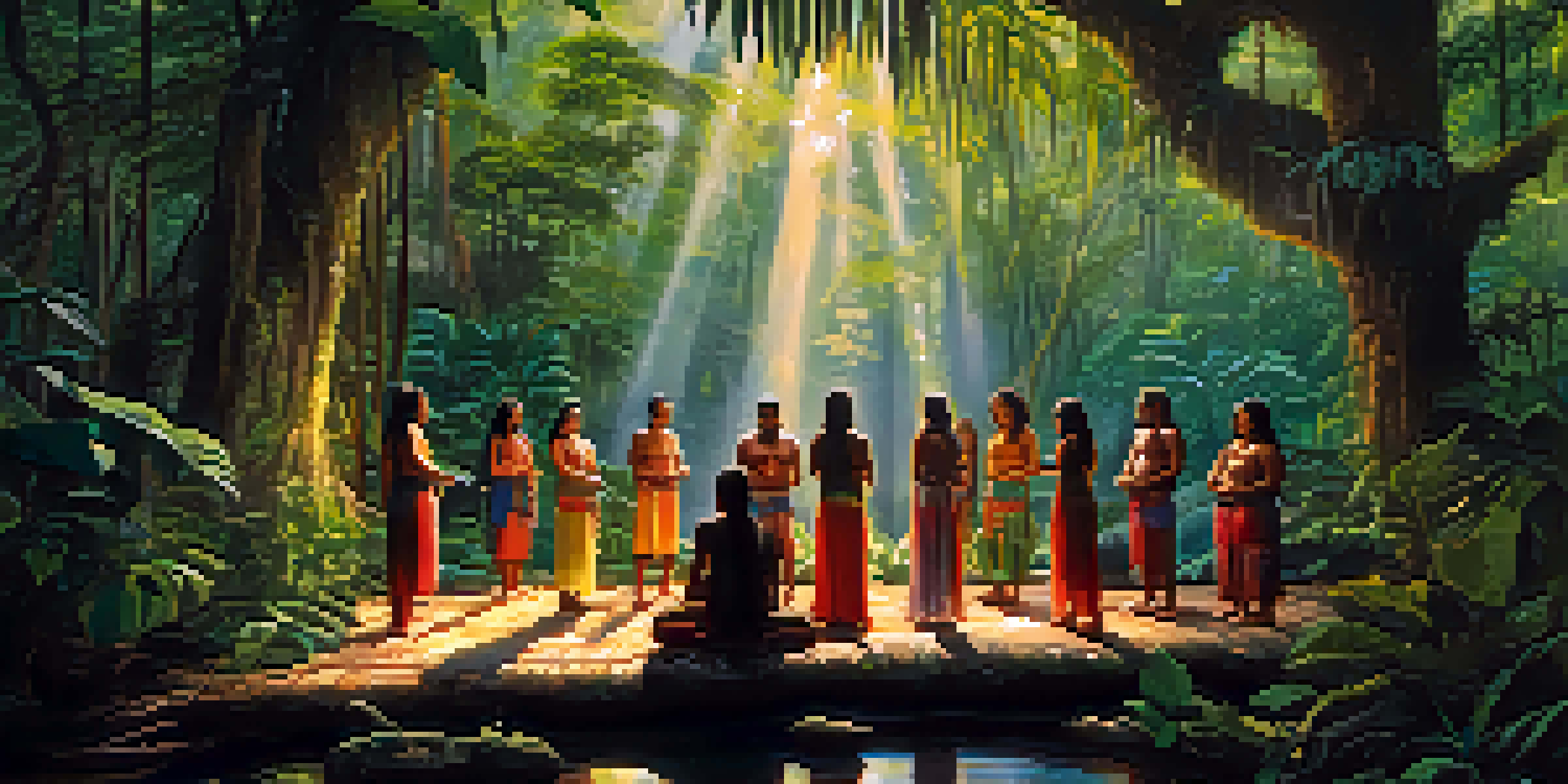 Indigenous people in traditional attire participating in an ayahuasca ceremony in a lush Amazon rainforest.