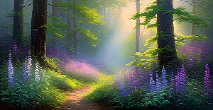 A peaceful forest scene with sunlight filtering through trees and vibrant wildflowers, shrouded in gentle fog.