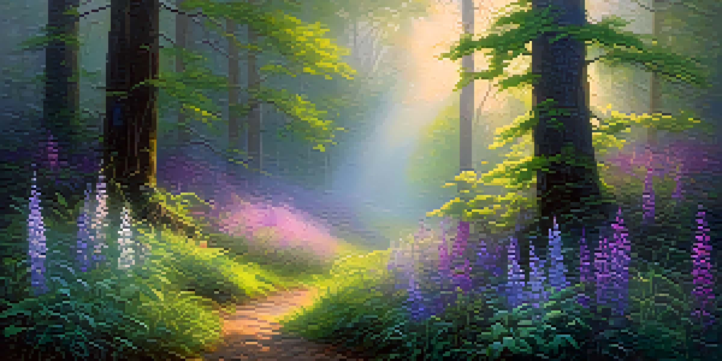 A peaceful forest scene with sunlight filtering through trees and vibrant wildflowers, shrouded in gentle fog.