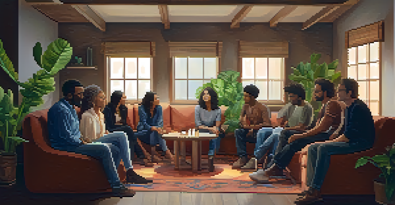 A diverse group of people sitting in a circle in a cozy indoor space, discussing and sharing experiences.