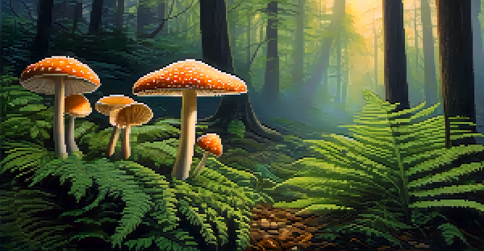 A peaceful forest at dawn with sunlight shining through trees, featuring psilocybin mushrooms among green ferns and mist in the air.