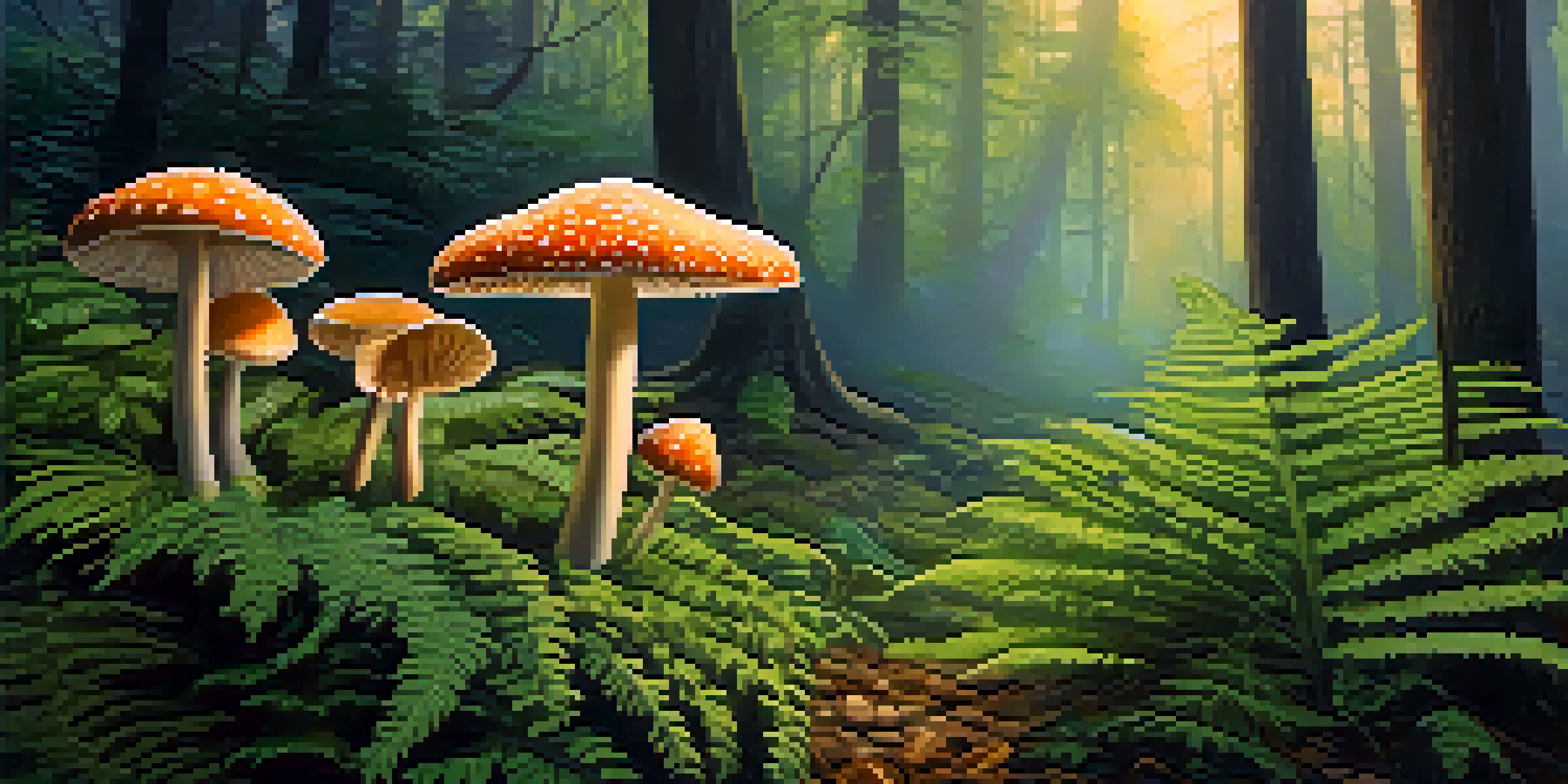 A peaceful forest at dawn with sunlight shining through trees, featuring psilocybin mushrooms among green ferns and mist in the air.