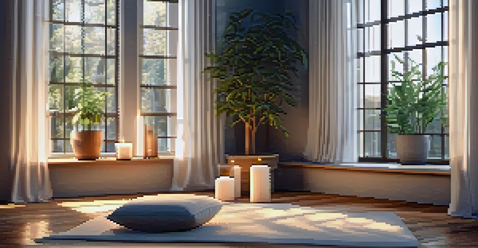 A calming meditation area with a cushion, candles, natural light, and a small indoor plant.