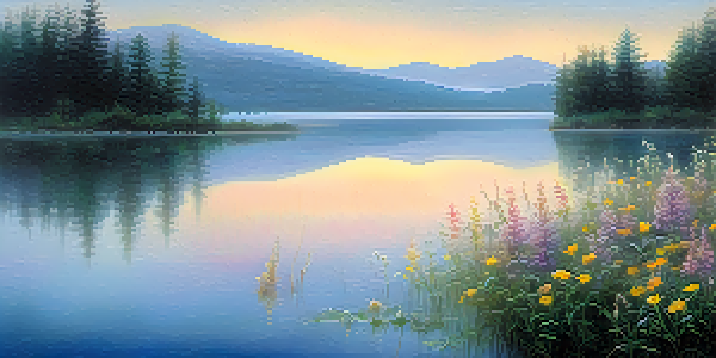 A tranquil lake at dawn with pastel sunrise colors, wildflowers in the foreground, and distant mountains.