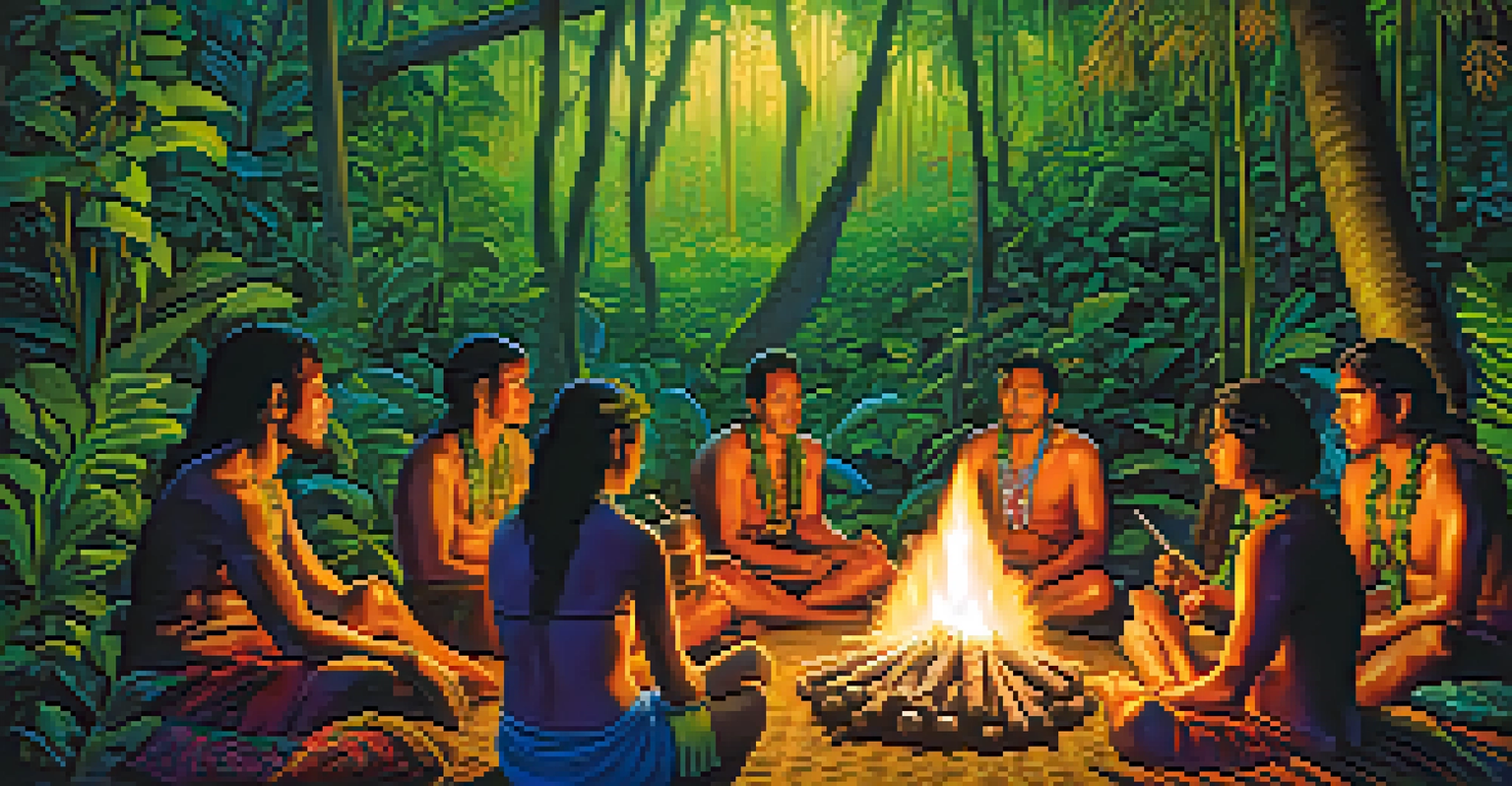 Participants in a traditional ayahuasca ceremony sitting around a fire in an Amazon jungle, led by a shaman, surrounded by lush greenery.