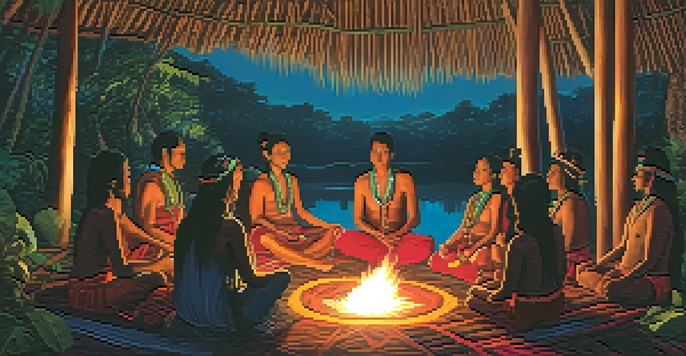 An Indigenous Ayahuasca ceremony in the Amazon, with participants in traditional attire gathered around a fire, surrounded by lush greenery.