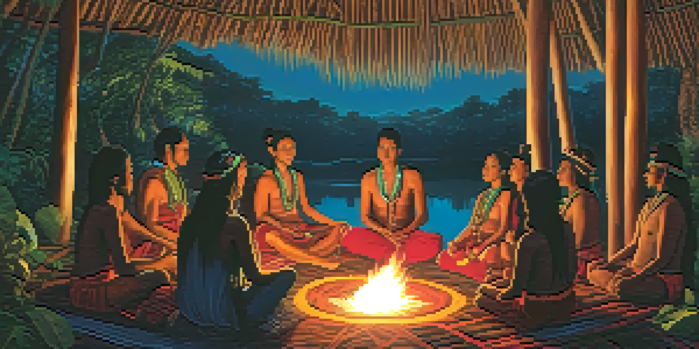 An Indigenous Ayahuasca ceremony in the Amazon, with participants in traditional attire gathered around a fire, surrounded by lush greenery.