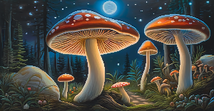 A fantastical scene of brightly colored mushrooms glowing in a dark forest under a starry sky, with soft light illuminating the surroundings.