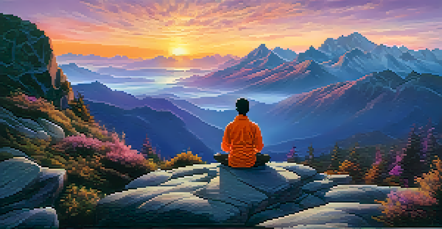 A person meditating on a mountain peak during a colorful sunset.