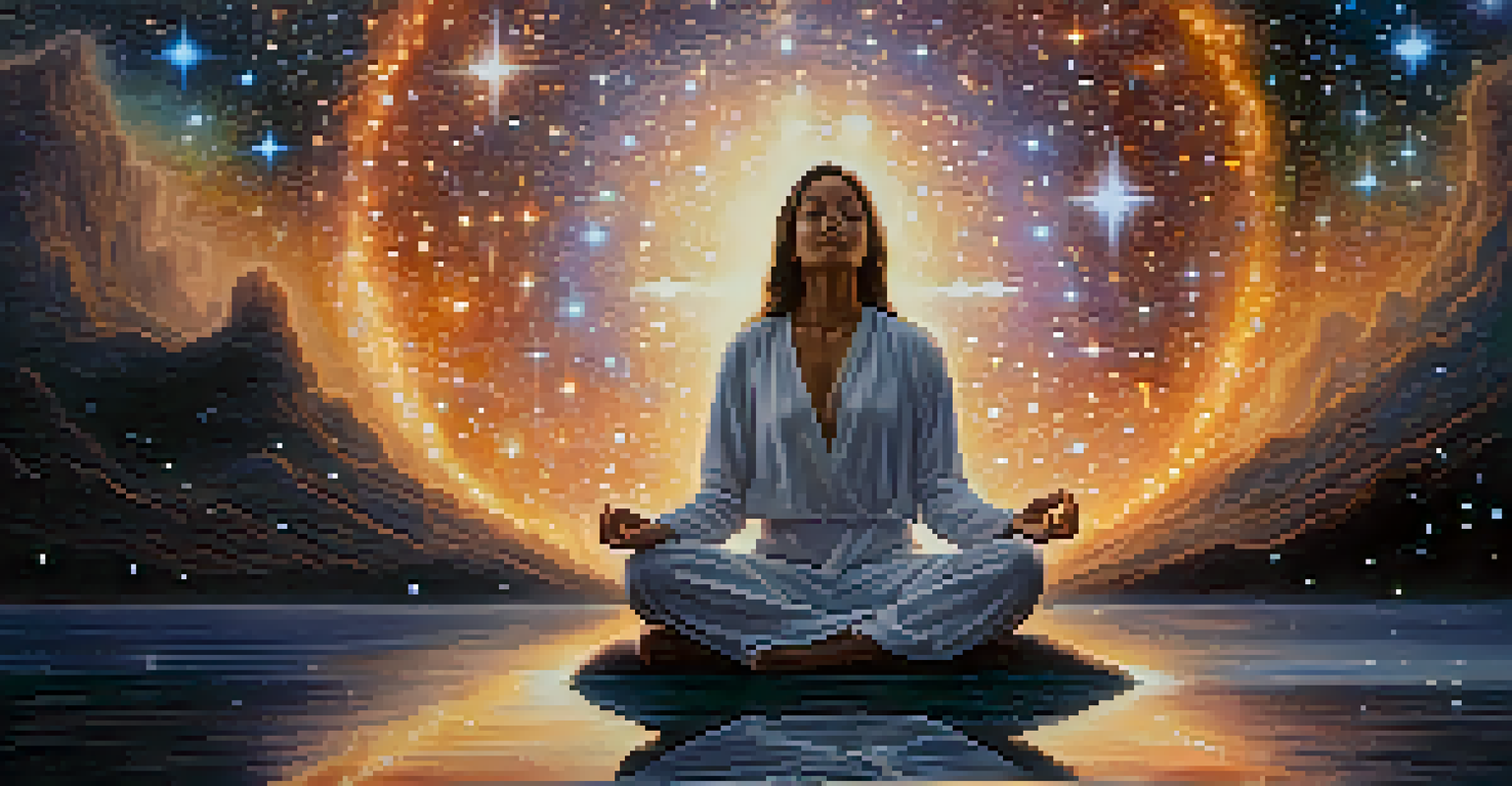 A person meditating under a starry sky, surrounded by galaxies and glowing orbs of light.