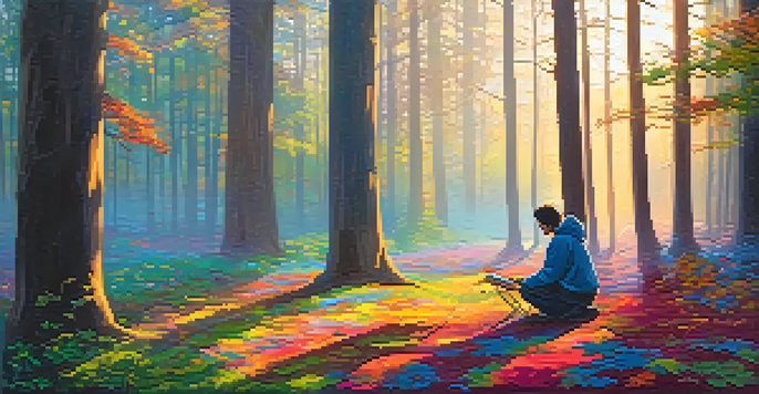 A painter in a serene forest at dawn, inspired by nature, with sunlight filtering through the trees and a blank canvas in front of them.