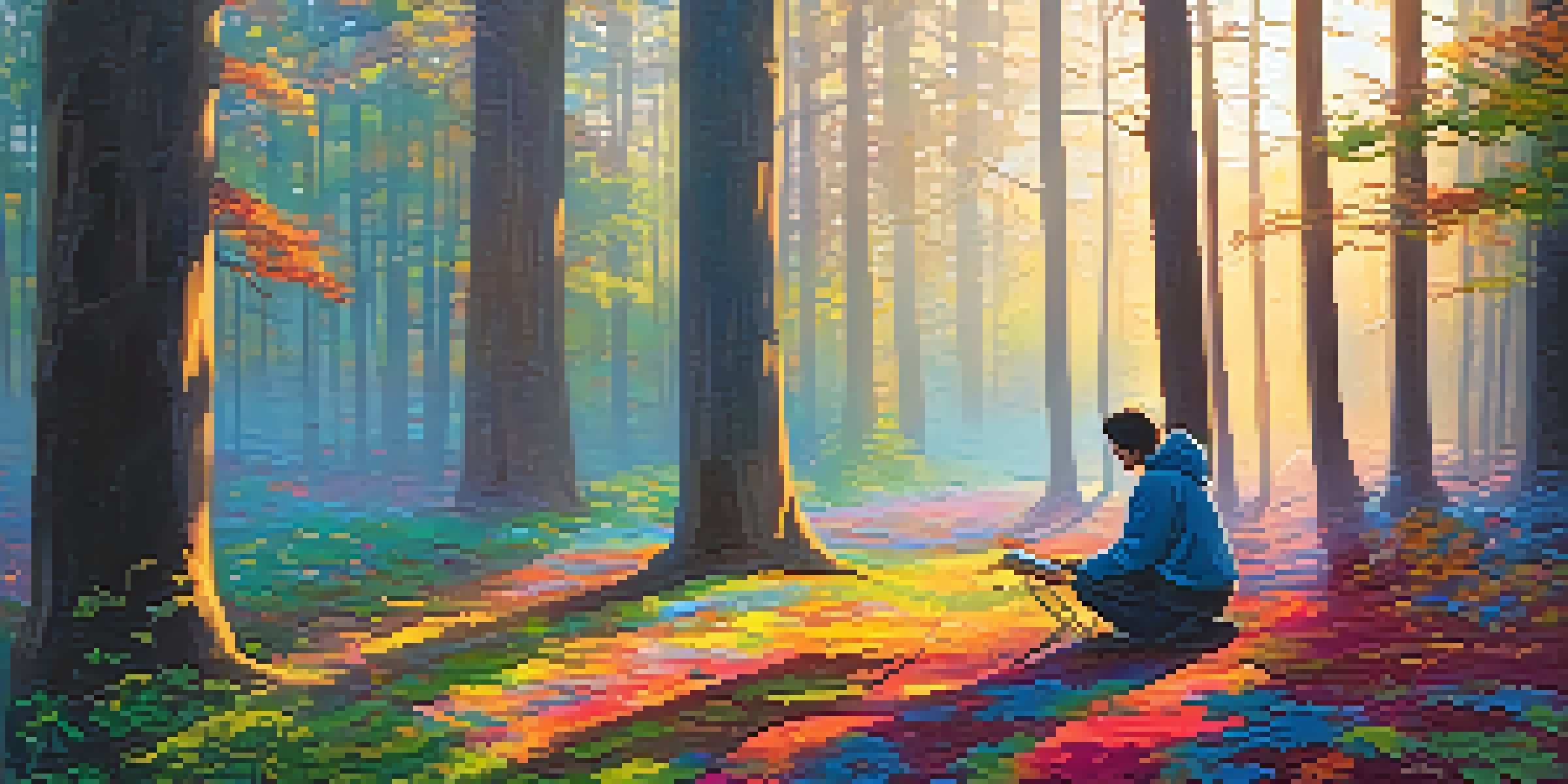 A painter in a serene forest at dawn, inspired by nature, with sunlight filtering through the trees and a blank canvas in front of them.