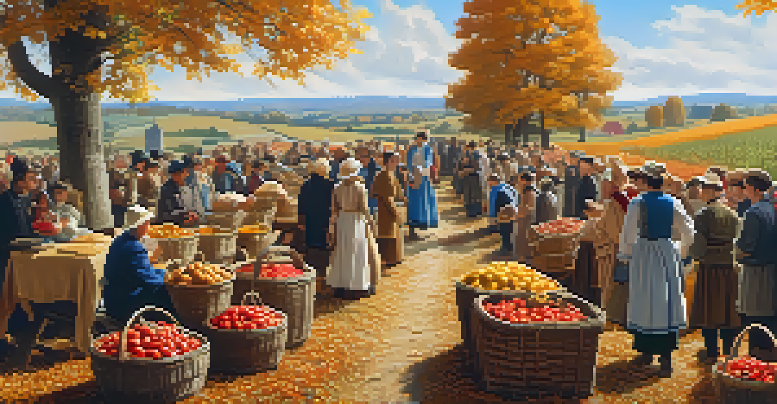 An autumn harvest festival scene with baskets of mushrooms and produce, set against golden fields and a clear blue sky, depicting community celebration.