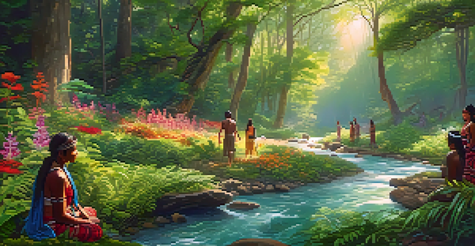 A peaceful forest scene with a stream and indigenous people participating in a spiritual ceremony amidst colorful flowers.