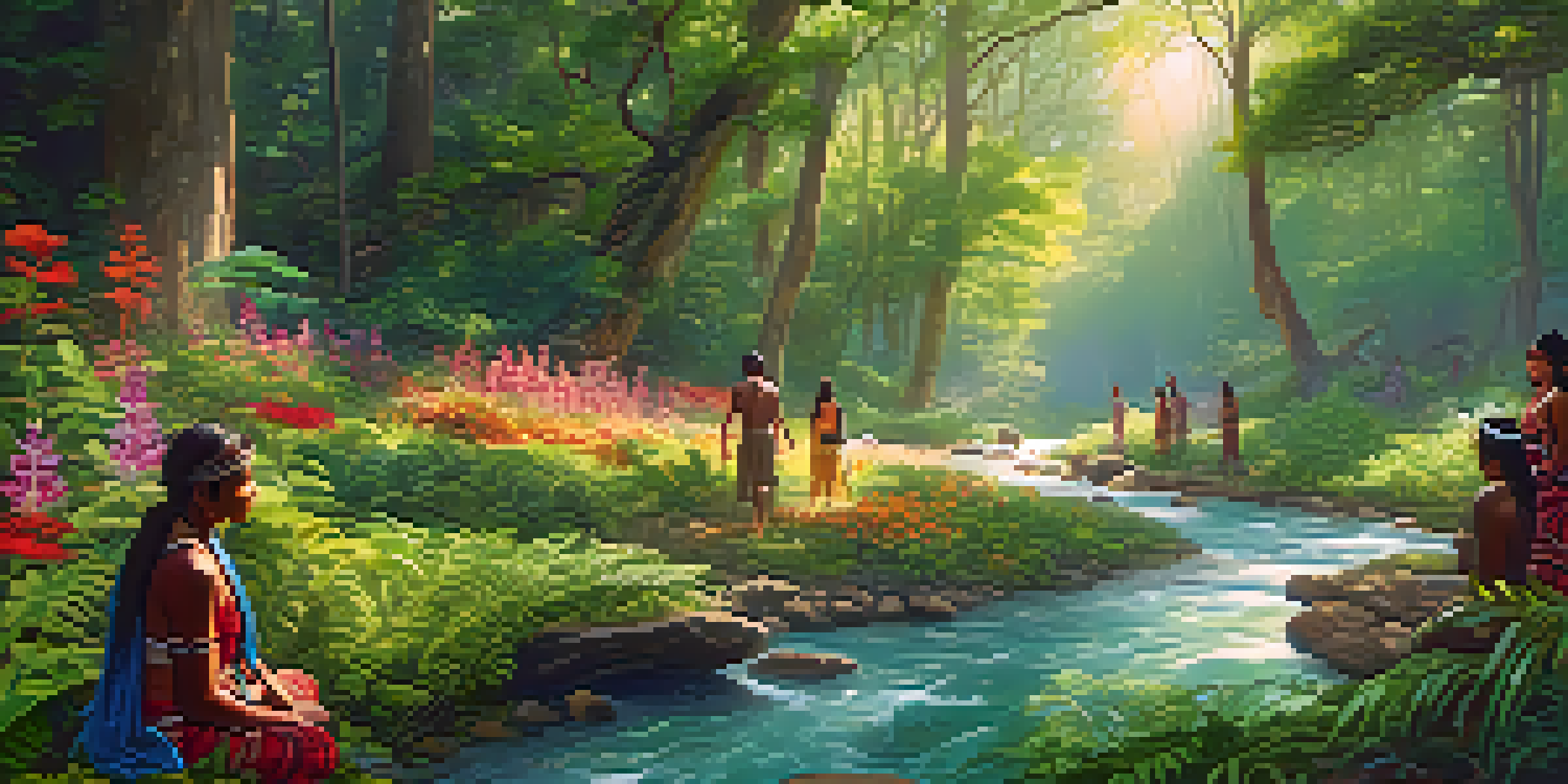A peaceful forest scene with a stream and indigenous people participating in a spiritual ceremony amidst colorful flowers.