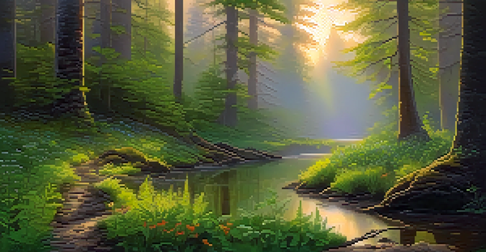 A peaceful forest at dawn with sunlight filtering through trees, mist above the ground, and a small stream.