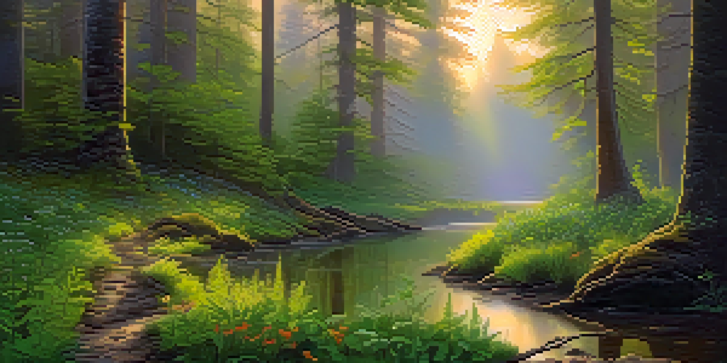 A peaceful forest at dawn with sunlight filtering through trees, mist above the ground, and a small stream.