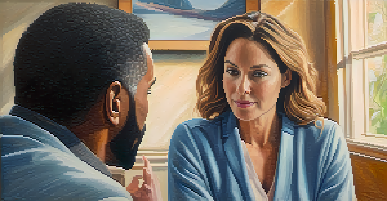 A therapist and client in a deep, empathetic conversation, set in a cozy and inviting therapy space with warm colors.