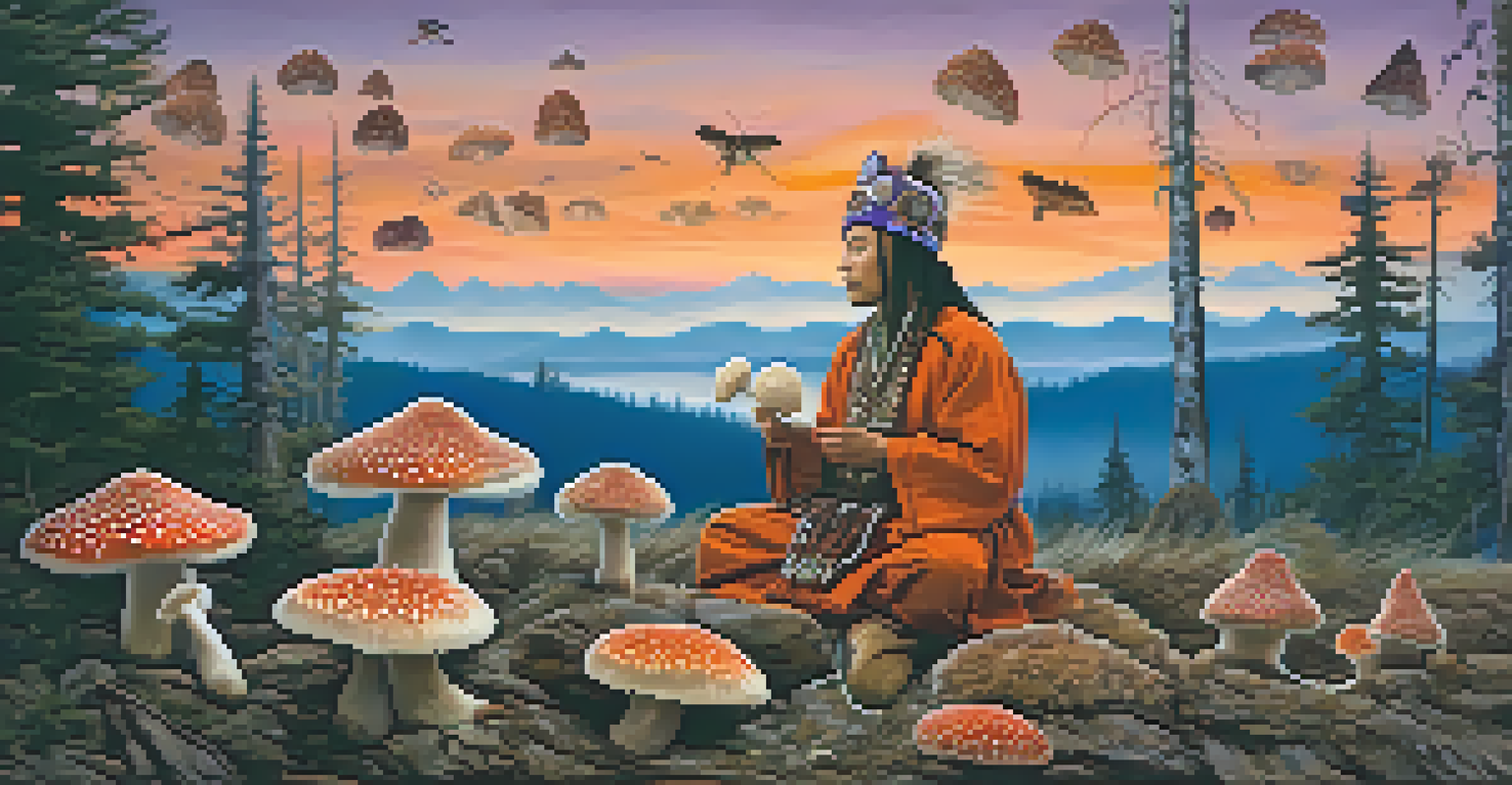 A Shaman in traditional attire performing a ritual in a Siberian landscape at dusk, surrounded by Amanita muscaria mushrooms.