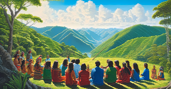 A tranquil landscape in Peru with a group of people participating in an Ayahuasca ceremony led by a shaman, surrounded by greenery and soft sunlight.