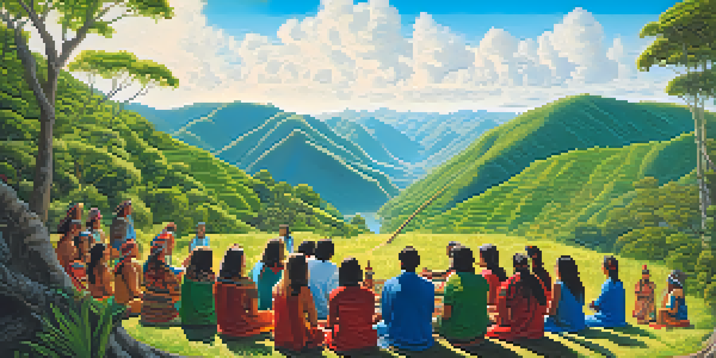 A tranquil landscape in Peru with a group of people participating in an Ayahuasca ceremony led by a shaman, surrounded by greenery and soft sunlight.