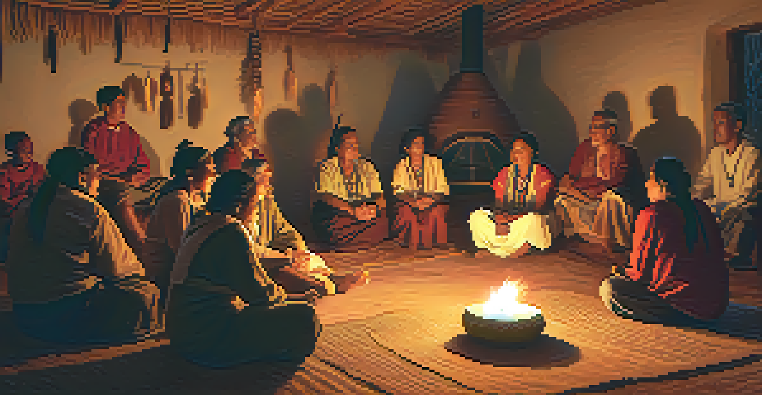 Elders sharing stories with younger community members in a cozy indoor space decorated with traditional artwork, illuminated by firelight.