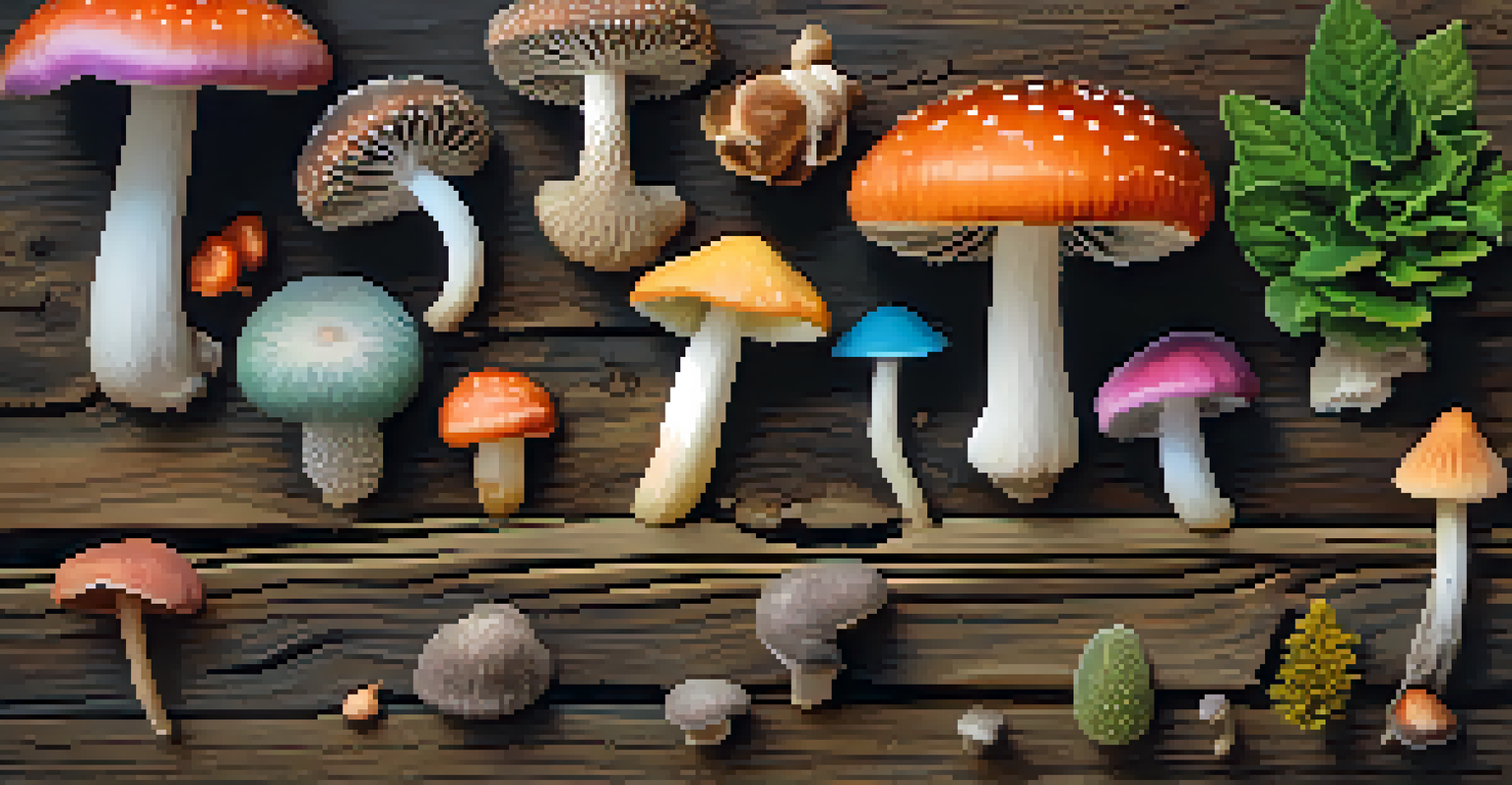 A hand holding a collection of natural psychedelic plants on a rustic table, with soft natural light illuminating the scene.