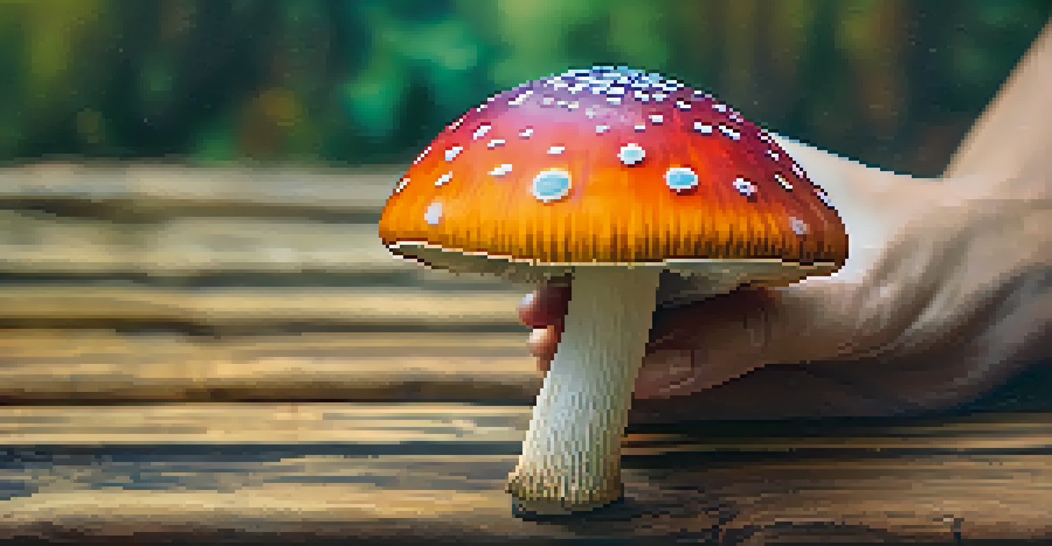 A close-up of a hand holding a psilocybin mushroom, with a blurred rustic table and natural elements in the background.