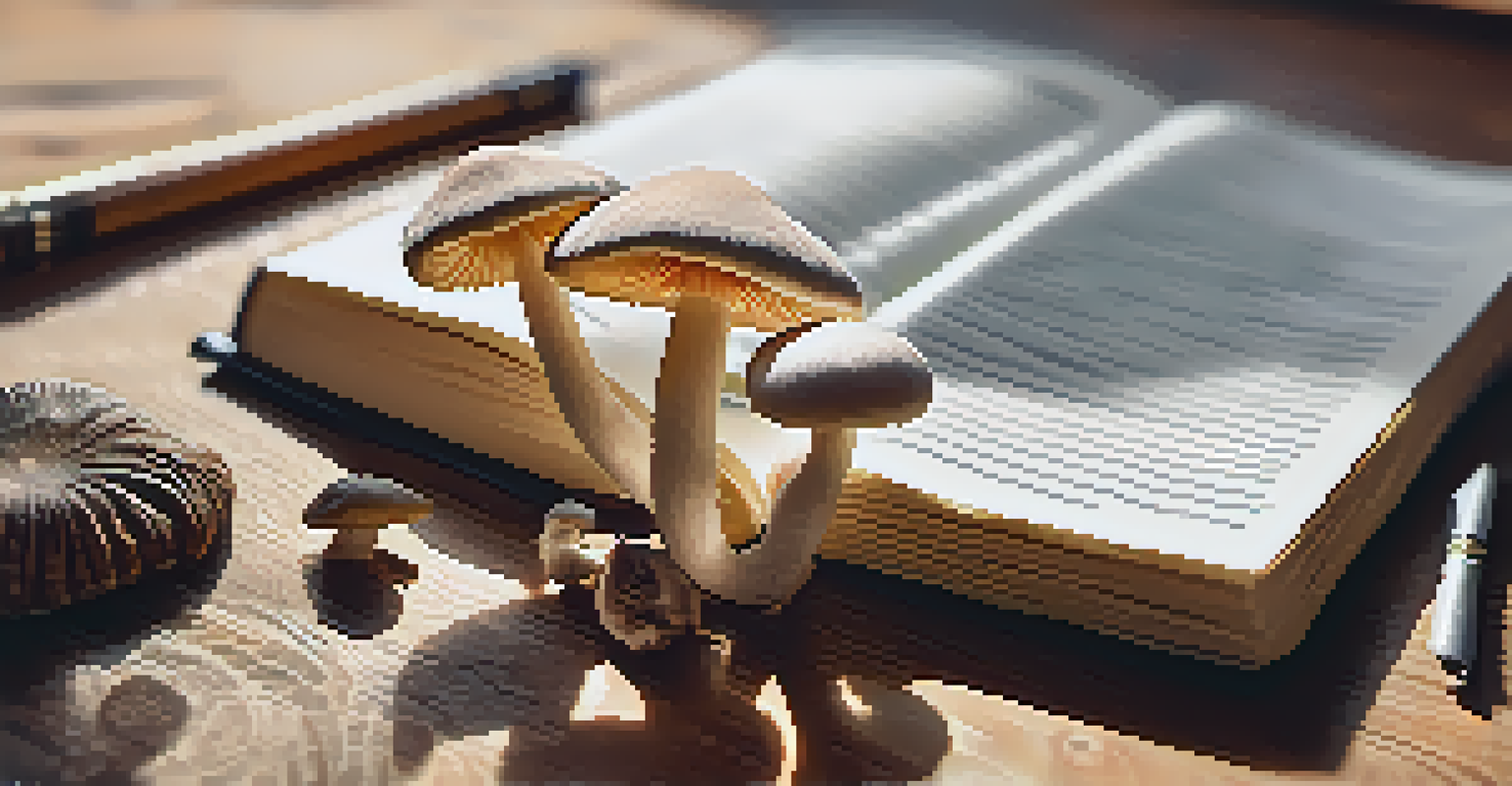 A close-up of psilocybin mushrooms on a table with soft light, alongside an open notebook with notes about spiritual experiences.