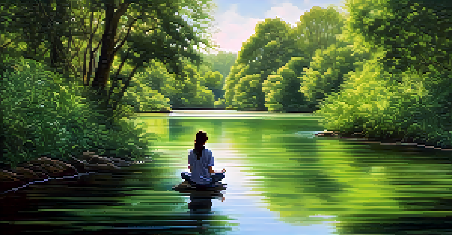 A person meditating on a riverbank surrounded by greenery, with calm water reflecting the sky and soft light creating a peaceful atmosphere.