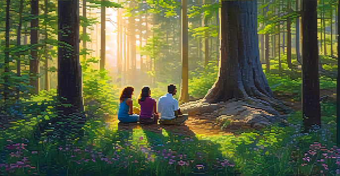 A diverse group of individuals sitting in a circle in a serene forest, engaged in discussion as golden light filters through the trees.