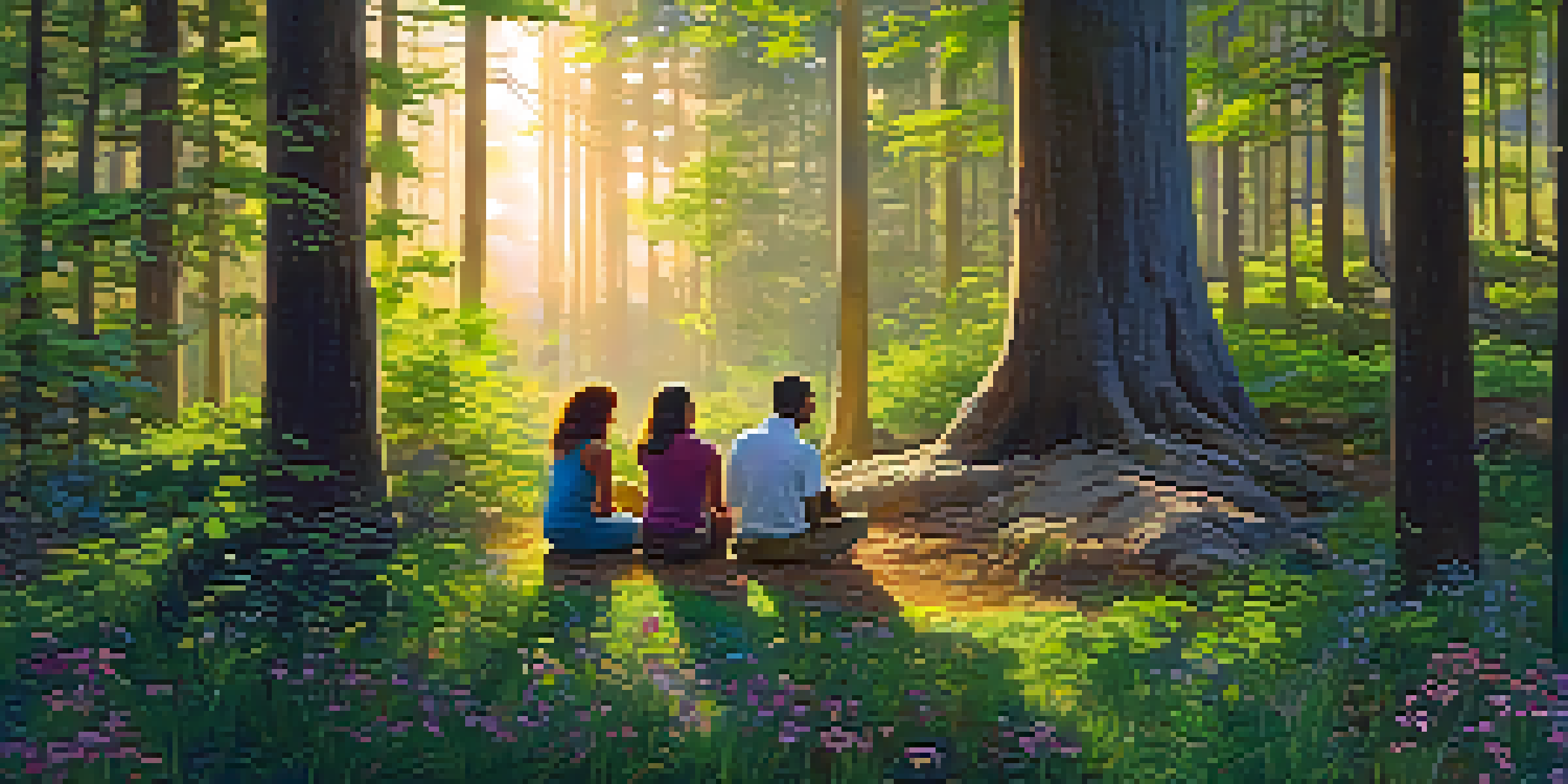 A diverse group of individuals sitting in a circle in a serene forest, engaged in discussion as golden light filters through the trees.