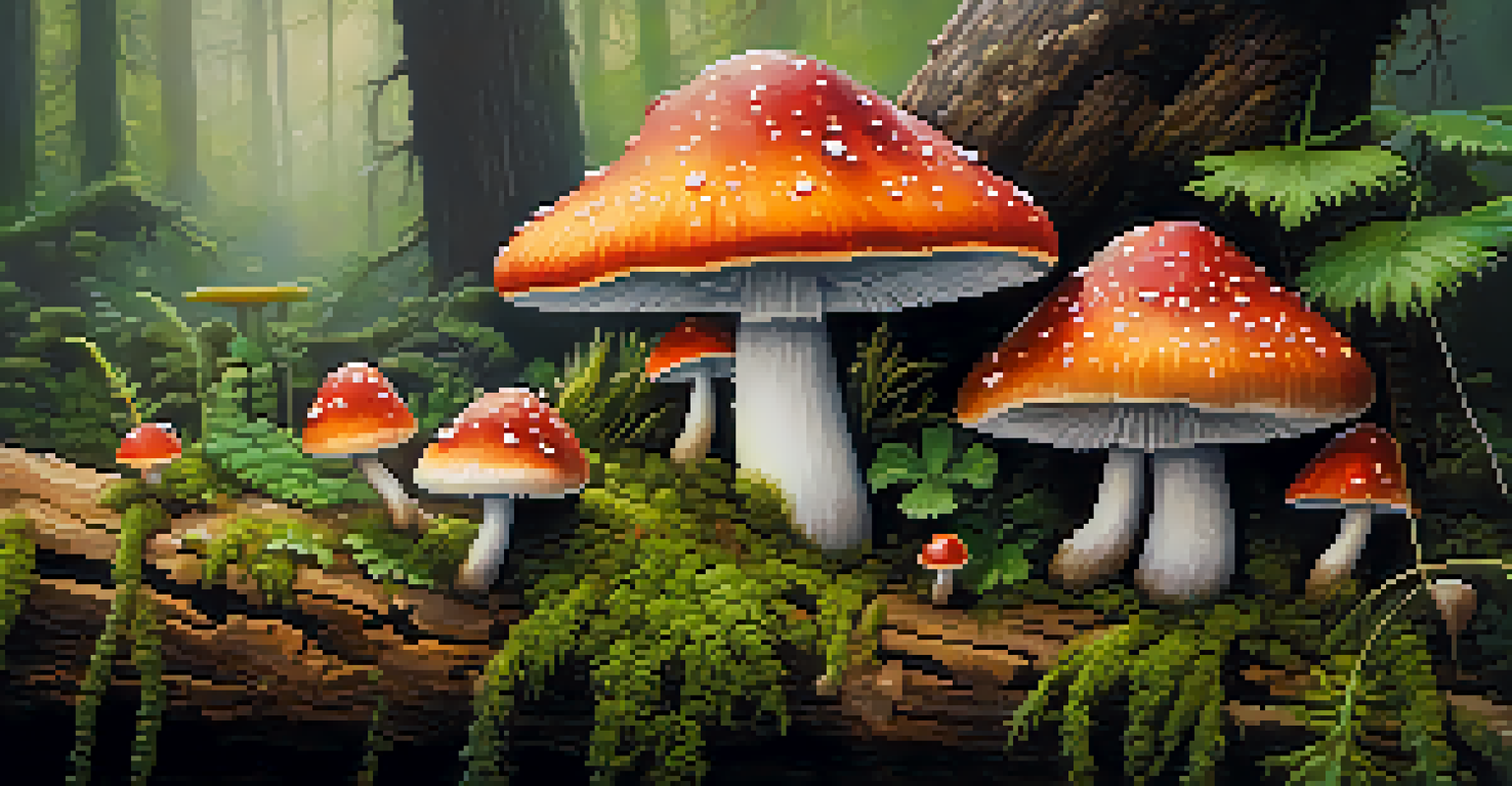 A close-up of vibrant mushrooms on a mossy log, with dew drops and soft lighting.