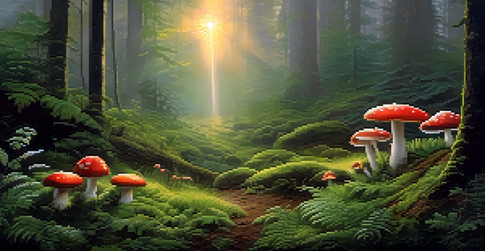 A tranquil forest at dawn featuring a circle of vibrant mushrooms in a clearing, surrounded by green moss and ferns under soft light.