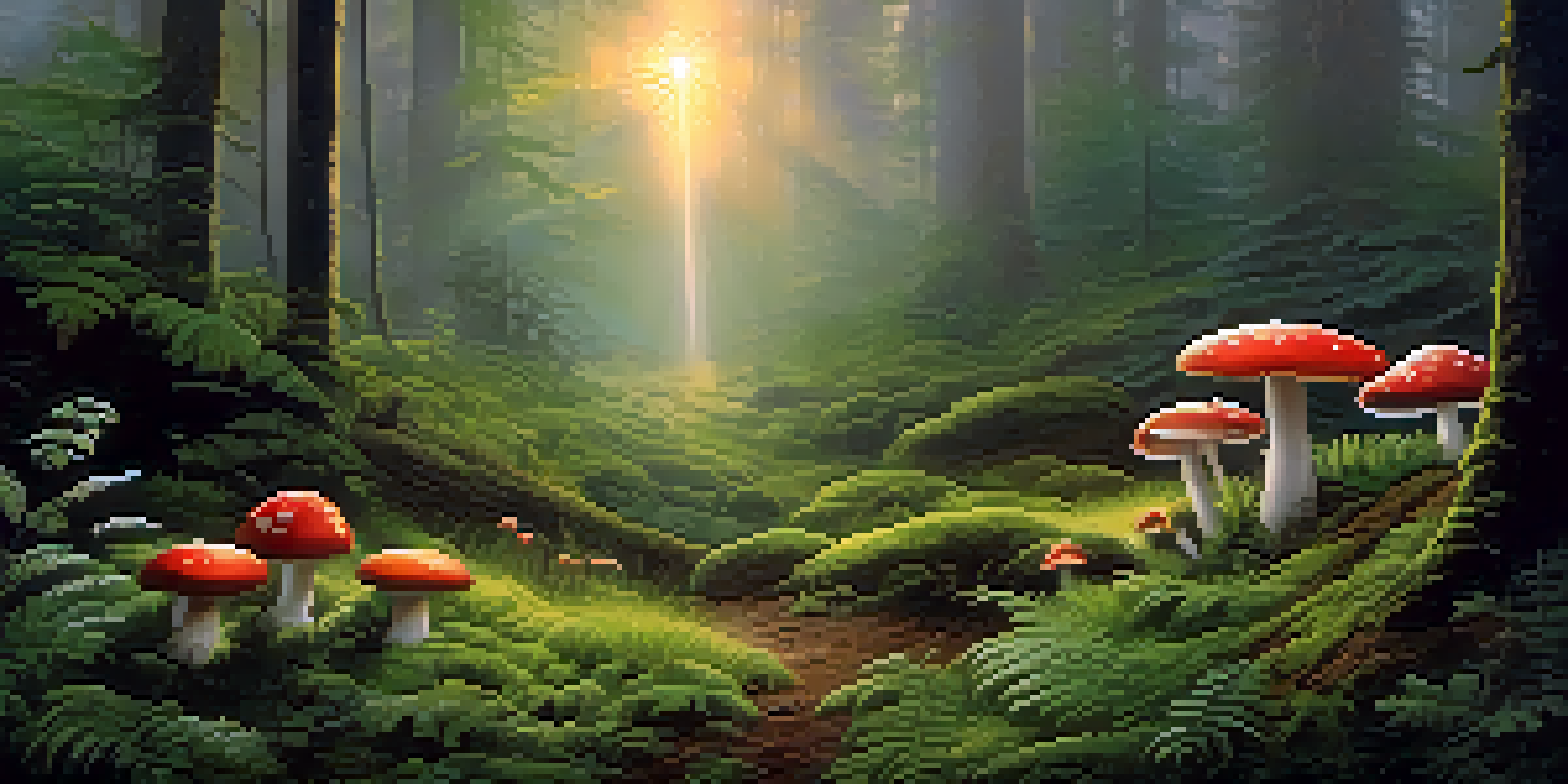 A tranquil forest at dawn featuring a circle of vibrant mushrooms in a clearing, surrounded by green moss and ferns under soft light.