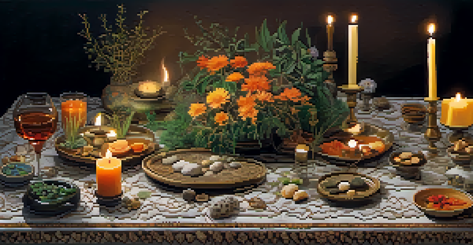 A table set for a spiritual gathering featuring various entheogenic plants and fungi, illuminated by warm candlelight and surrounded by natural elements.