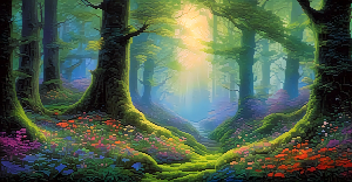 A vibrant forest scene with glowing surreal flowers, lush green moss, and silhouettes of mythical creatures in the background.