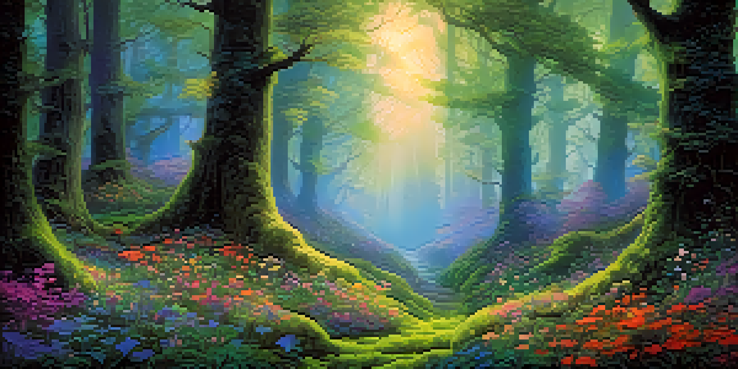 A vibrant forest scene with glowing surreal flowers, lush green moss, and silhouettes of mythical creatures in the background.