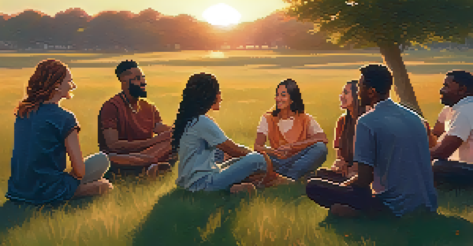 A group of diverse individuals sitting in a circle on grass at sunset, sharing experiences with expressions of connection and understanding.